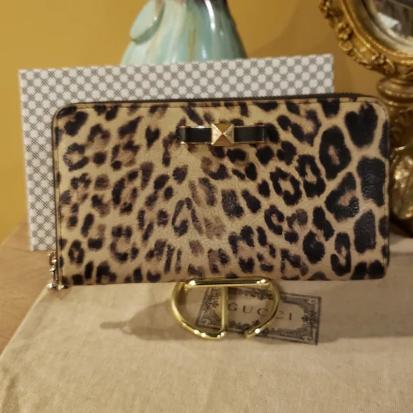 Furla Leopard Print Zip Wallet w/ Gold Hardware, Bow Accent, Dusty & Box - Picture 3 of 12